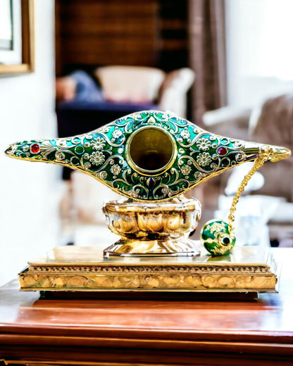 Lampa Magică a lui Aladin cu Opțiune de Gravare - Variantă Verde Întunecat, împletită cu auriu