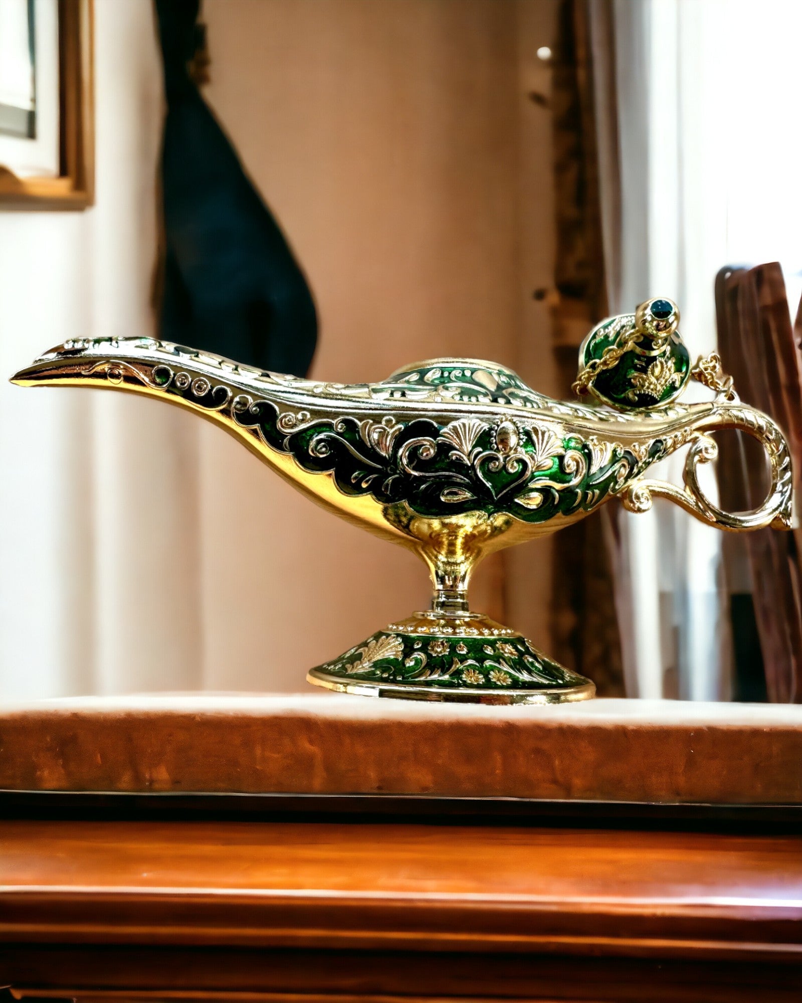 Lampa Magică a lui Aladin cu Opțiune de Gravare - Variantă Verde Întunecat, împletită cu auriu