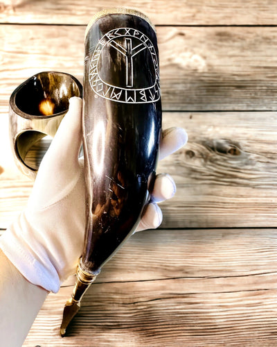 Cana din Corn "Viking Valor" - Gravură Manuală, Calitate Premium - 4 variante disponibile