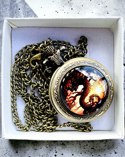 Ceas de buzunar "Dragon's Twilight" personalizare cu gravură