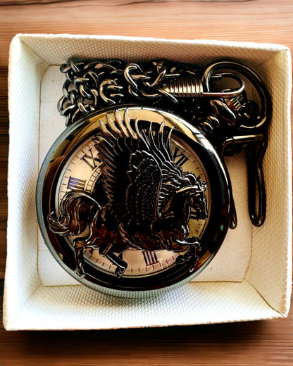 Ceas de buzunar "Equus Tempus" - Negru cu motiv de cal, posibilitate de personalizare cu gravură - cadran alb