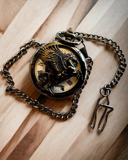 Ceas de buzunar "Equus Tempus" - Negru cu motiv de cal, posibilitate de personalizare cu gravură - cadran alb