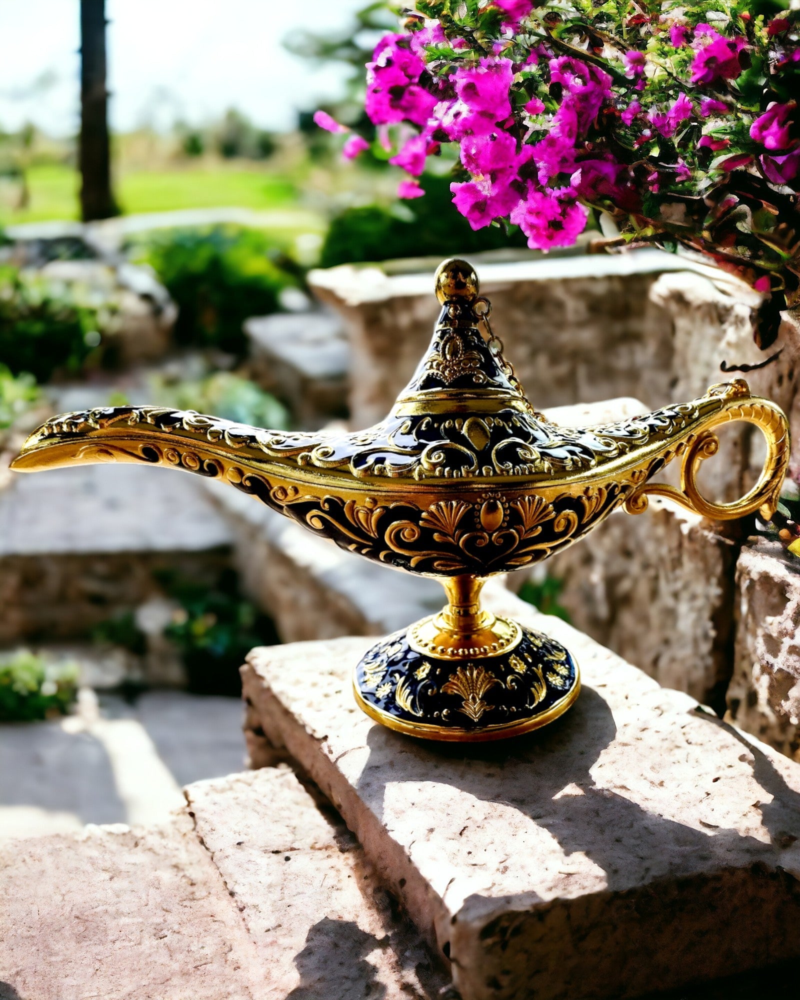 Lampa Magică a lui Aladin cu Opțiune de Gravare - Variantă Albastru Închis, împletită cu auriu