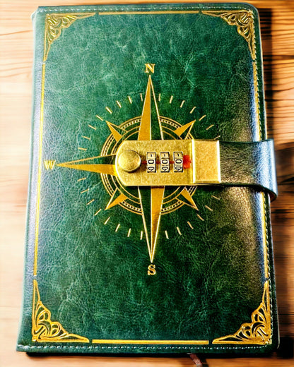 Notatnik Premium cu Lacăt cu Cod A5 - Stil Vintage cu Busolă, Design Japonez, Articole de Papetărie pentru Studenți și Afaceri. Personalizare cu Gravură