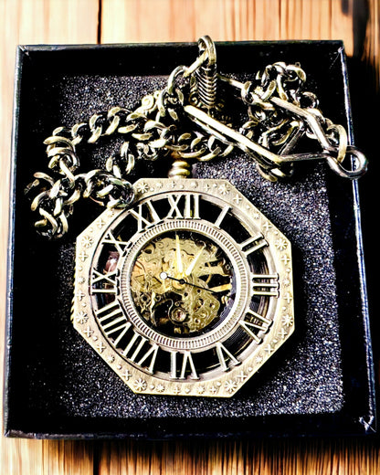 Ceas de buzunar mecanic clasic octogonal de culoare maro în stil steampunk - Atemporal