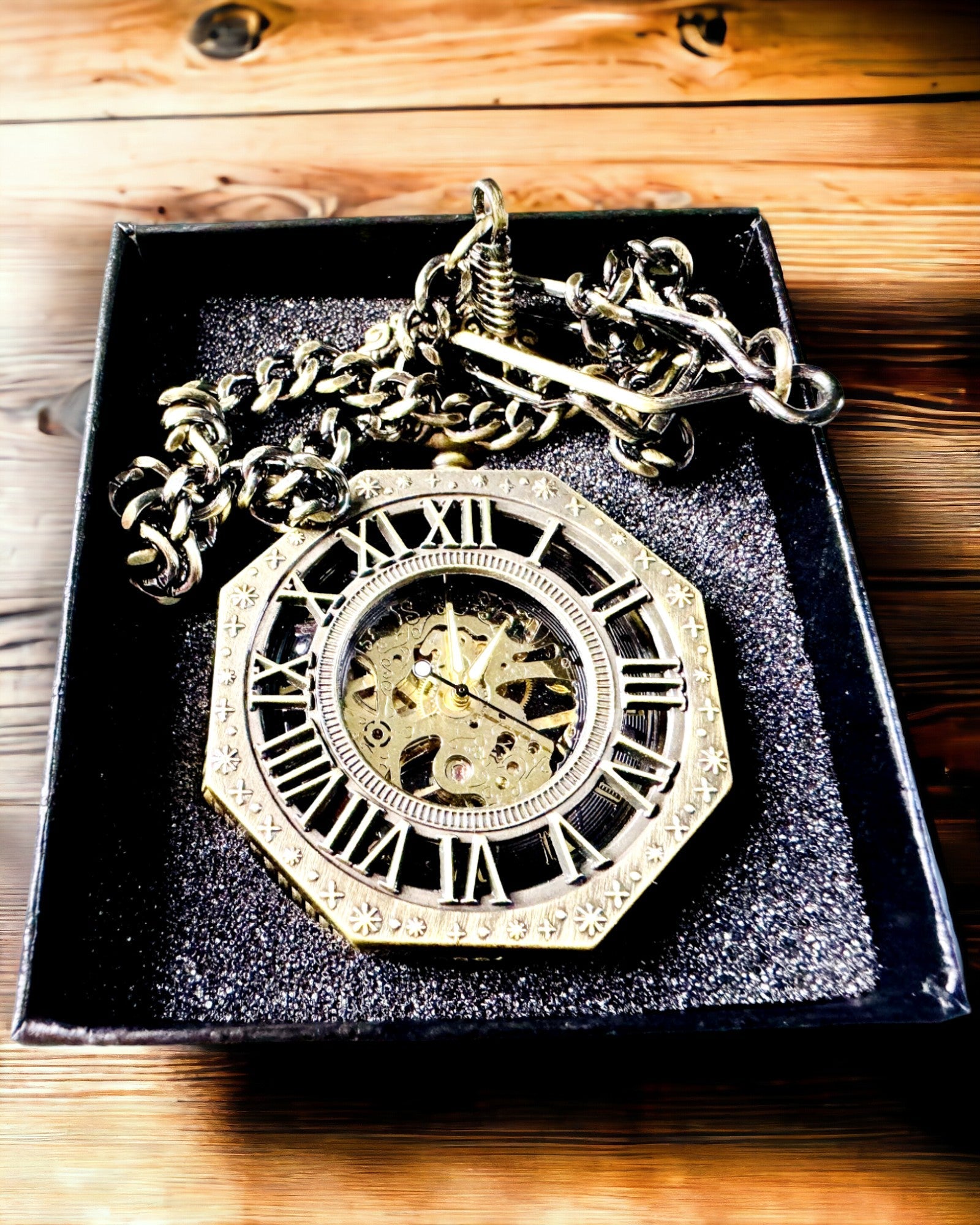 Ceas de buzunar mecanic clasic octogonal de culoare maro în stil steampunk - Atemporal