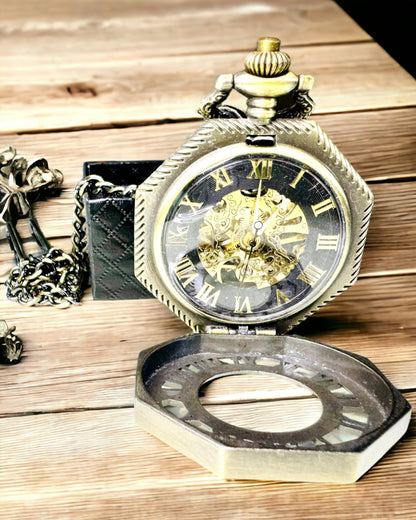 Ceas de buzunar mecanic clasic octogonal de culoare maro în stil steampunk - Atemporal