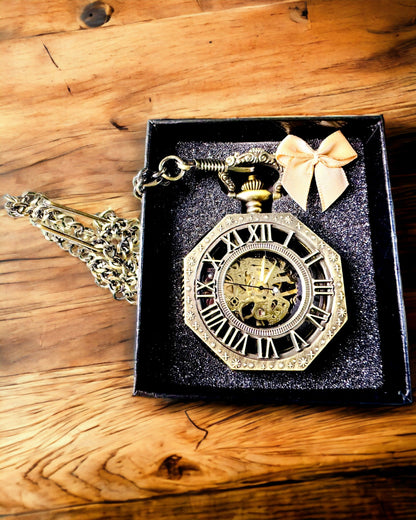 Ceas de buzunar mecanic clasic octogonal de culoare maro în stil steampunk - Atemporal