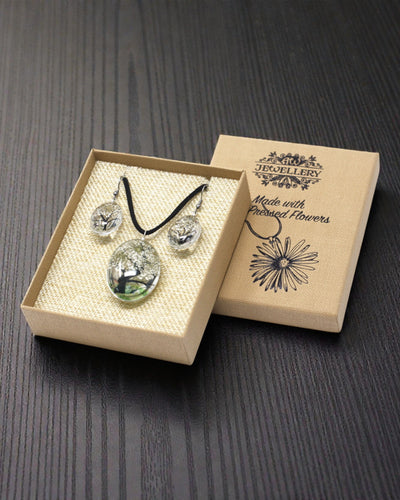 Armonie albă – Set de bijuterii alb cu flori uscate, Arborele Vieții