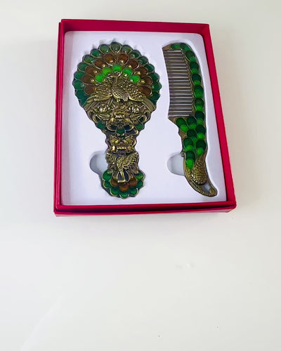 Set Vintage cu Oglindă și Pieptene cu Motiv de Păun - Accesorii Cosmetice Decorative
